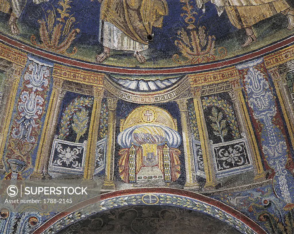 Italy - Emilia-Romagna region - Ravenna. Baptistry of Neon (or Orthodox Baptistry). The 'Etimasia' (the Empty Throne). Mosaic