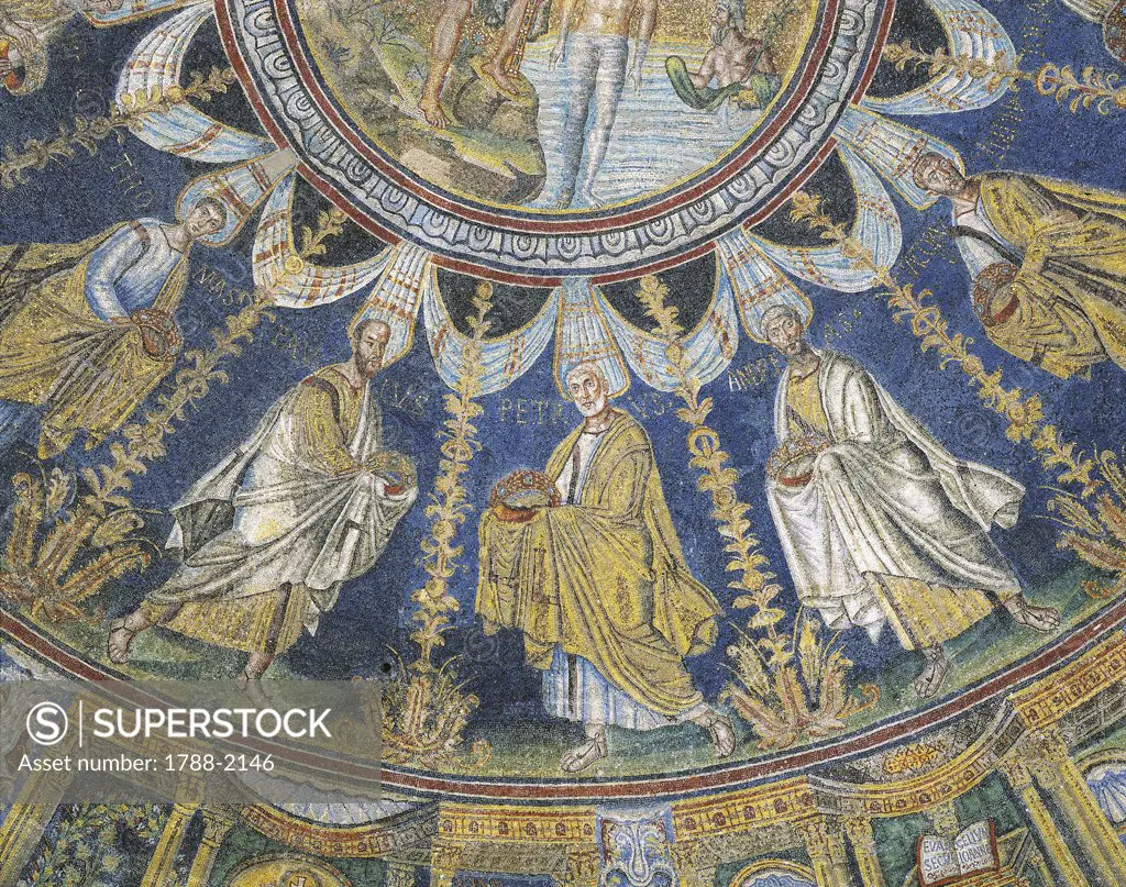 Italy - Emilia-Romagna region - Ravenna. Baptistry of Neon (or Orthodox Baptistry), dome. The Apostles Thomas, Peter, Andrew and James (second half of the 5th century A.D.). Mosaic detail