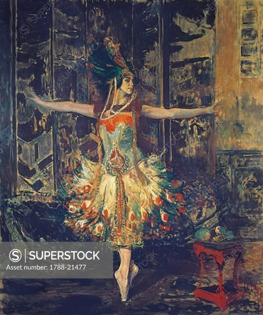 France, Paris, painting of The Russian dancer Tamara Karsavina in The Firebird by Igor Stravinsky