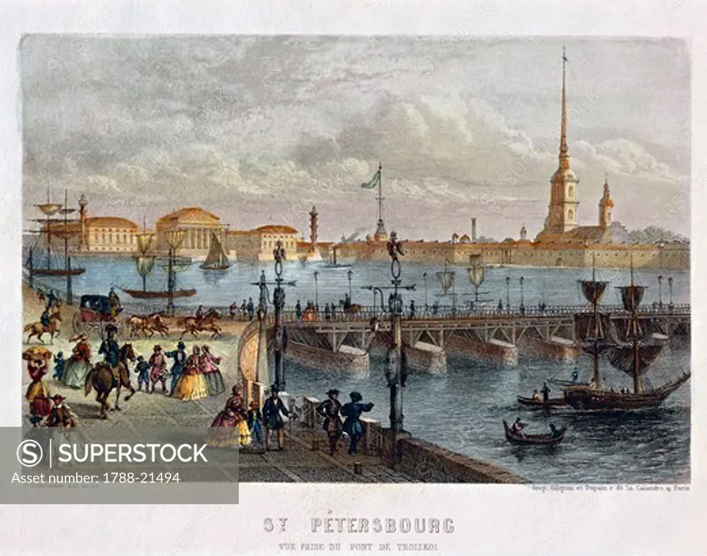 Russia, Saint Petersburg, painting of The Troizkoi bridge on Neva river