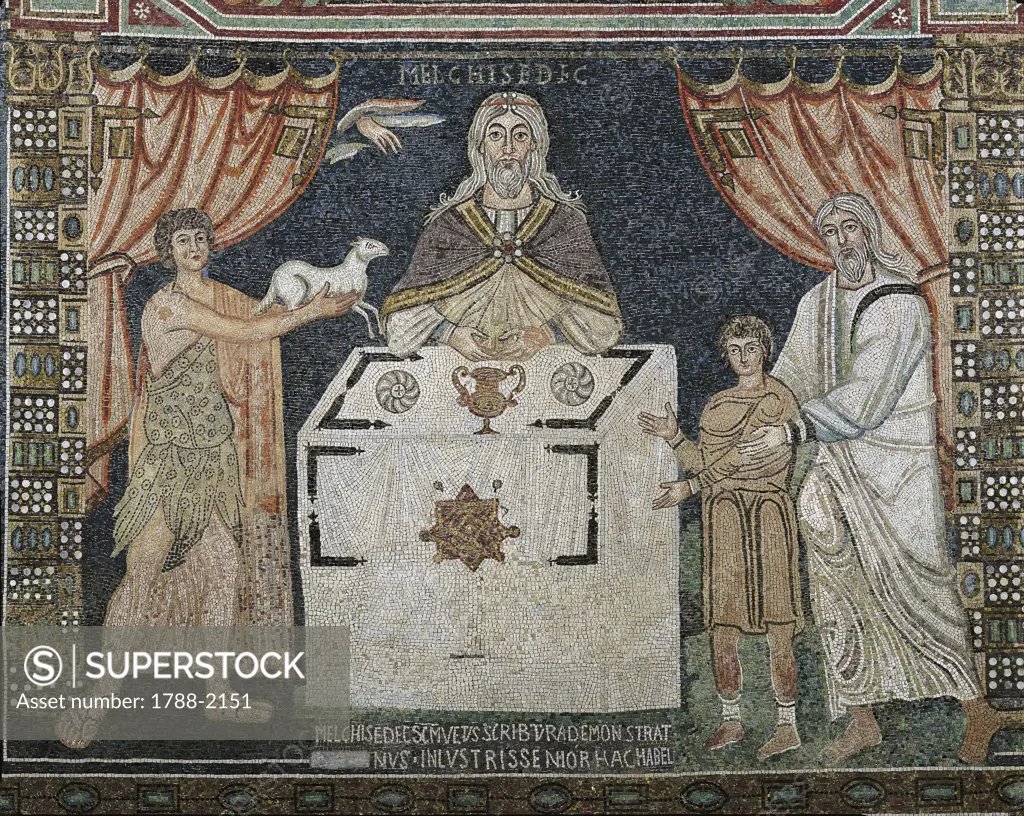 Italy - Emilia-Romagna region - Ravenna. Basilica of St. Apollinare in Classe, apse. The three sacrifices of the Old Testament. Abel, Melchisedec and Abraham (6th-7th century). Mosaic