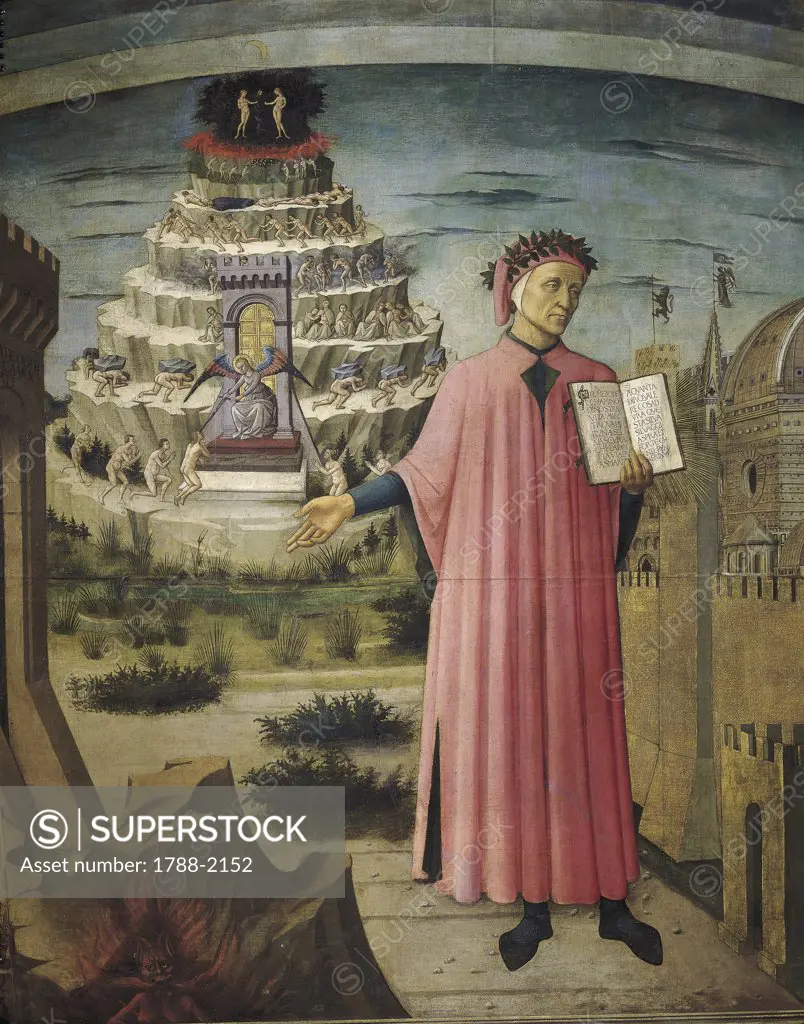 Italy - Tuscany region - Florence. Florence cathedral, or Santa Maria del Fiore. Domenico di Michelino, Dante Alighieri and the reigns of afterlife (1465). Fresco detail of Dante holding the Divine Comedy.