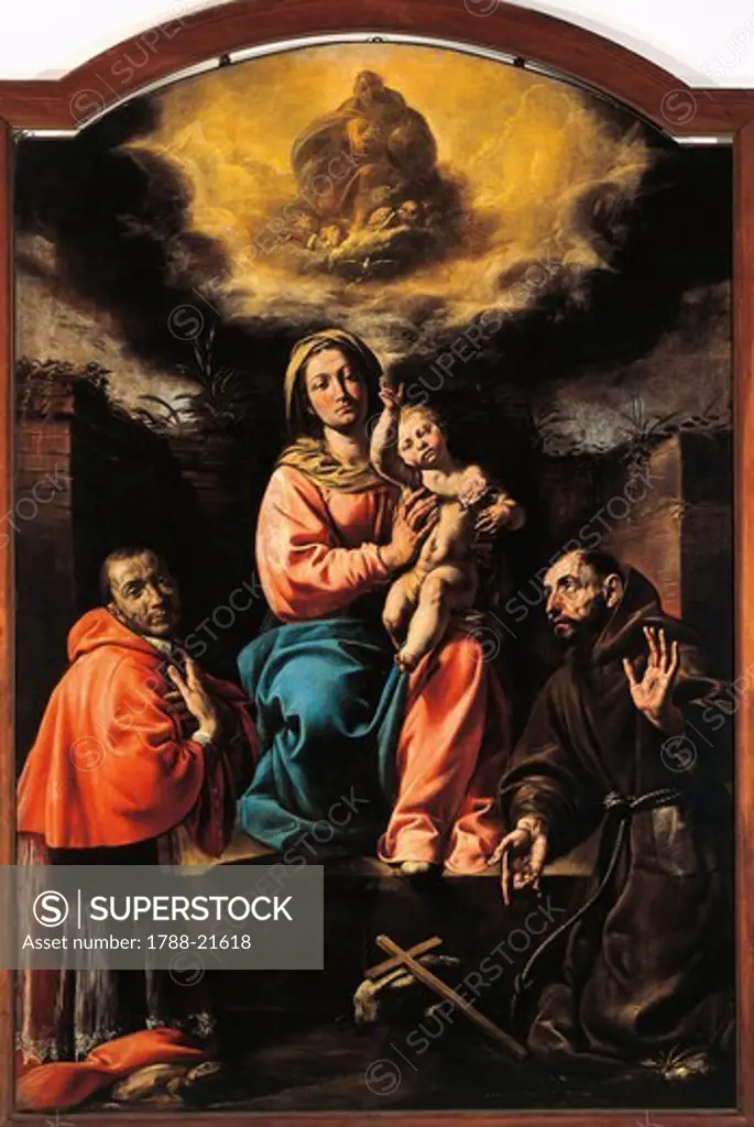Italy, Varallo, painting of Madonna and Child with Saint Francis and Saint Charles