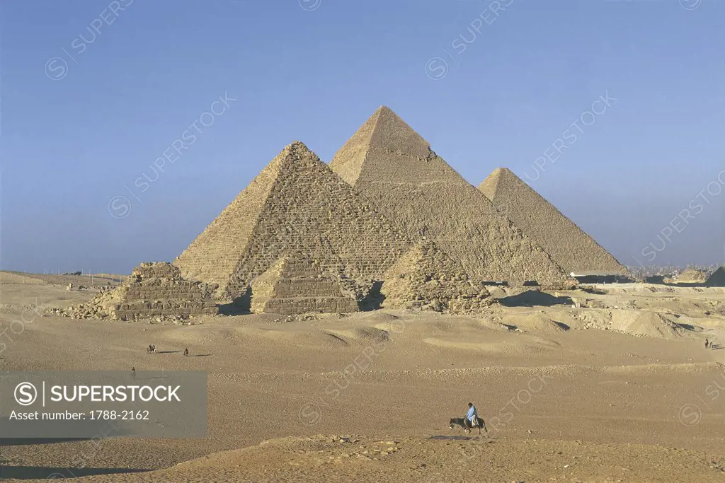 Egypt - Cairo - Ancient Memphis (UNESCO World Heritage List, 1979). Pyramids of kings Khufu, Khafre and Menkaure (greek: Cheops, Chephren and Mykerinus) at Giza
