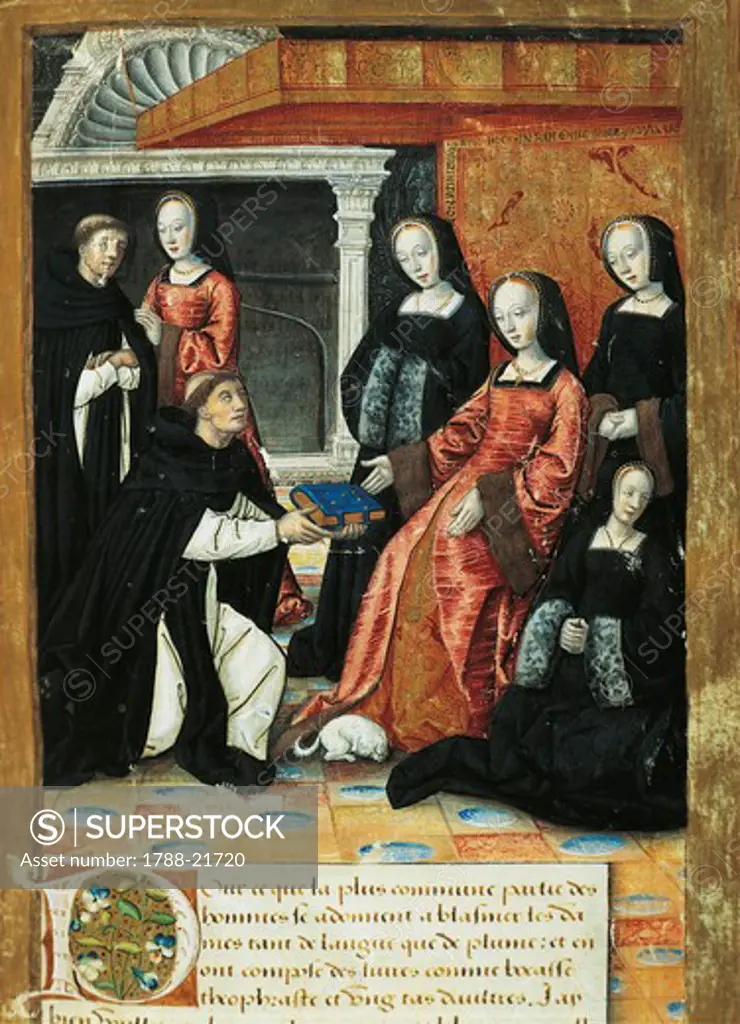 France, Nantes, author offers book to Queen Anne of Brittany, surrounded by her lady-companions, in painting The lives of famous women