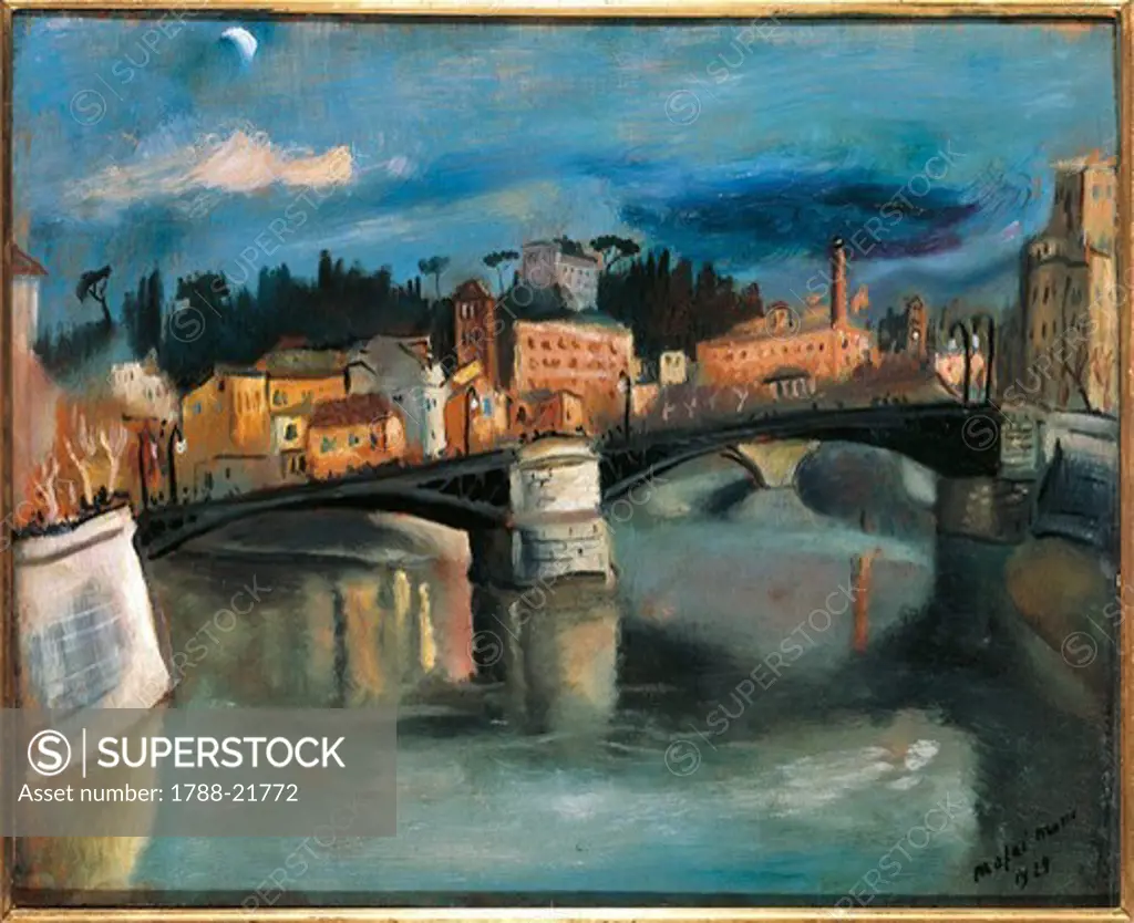 Italy, Rome, painting of sunset on the Lungotevere