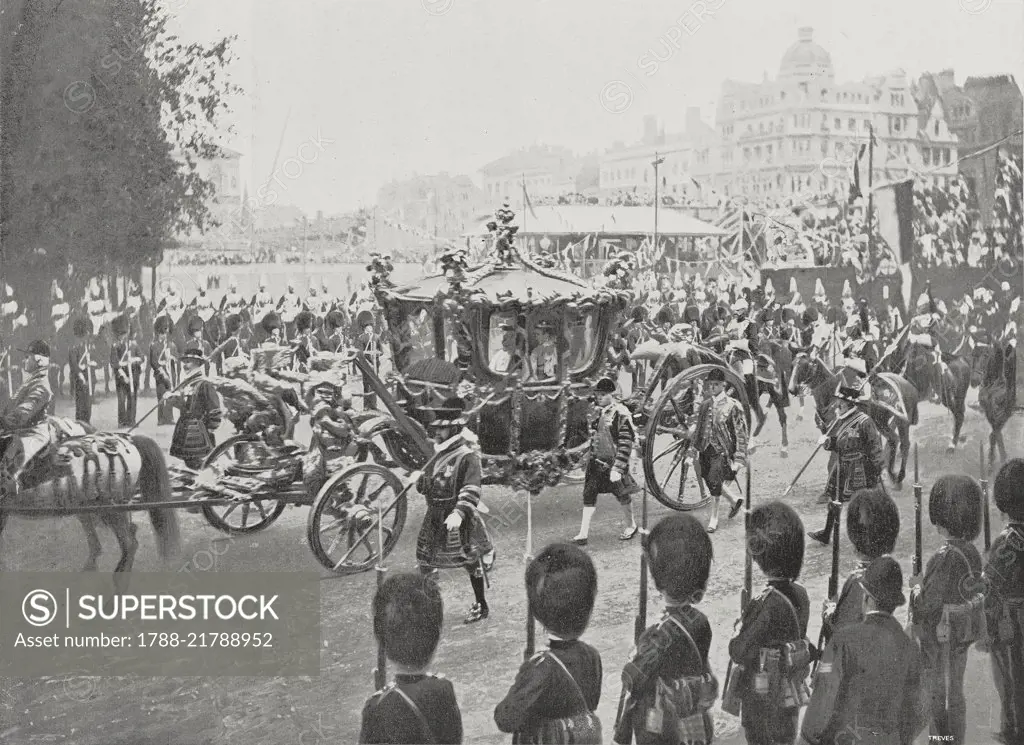 The Royal procession going to Westminster Abbey on Coronation day of King Edward VII (1841-1910), London, England, August 9, 1902, from L'illustrazione Italiana, Year XXIX, No 33, August 17, 1902.