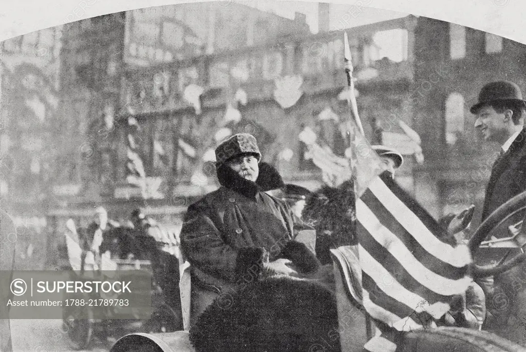 The Italian ambassador Edmondo Mayor des Planches (1851-1920) and Luigi Barzini (1874-1947) at the start of The Great Race (New York-Paris) in Times Square, New York, February 12, 1908, United States of America, from L'Illustrazione Italiana, Year XXXV, No 9, March 1, 1908.