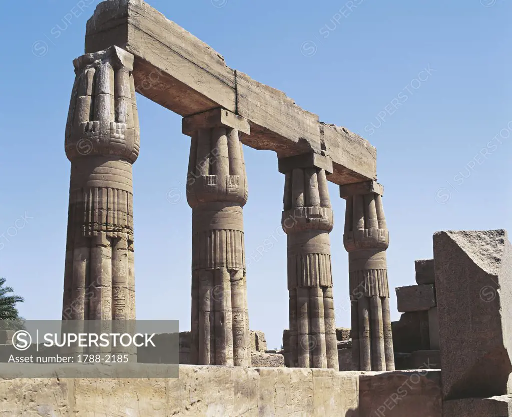 Egypt - Ancient Thebes (UNESCO World Heritage List, 1979). Luxor. Karnak. Great Temple of Amon. Botanical Garden Hall. Columns in form of papyrus. Thutmose III's reign, 1490-1436 BC