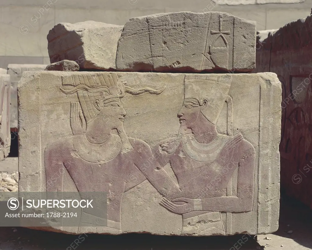 Egypt - Ancient Thebes (UNESCO World Heritage List, 1979). Karnak, Open Air Museum. Painted relief of Hatshepsut as pharaoh and god Amon