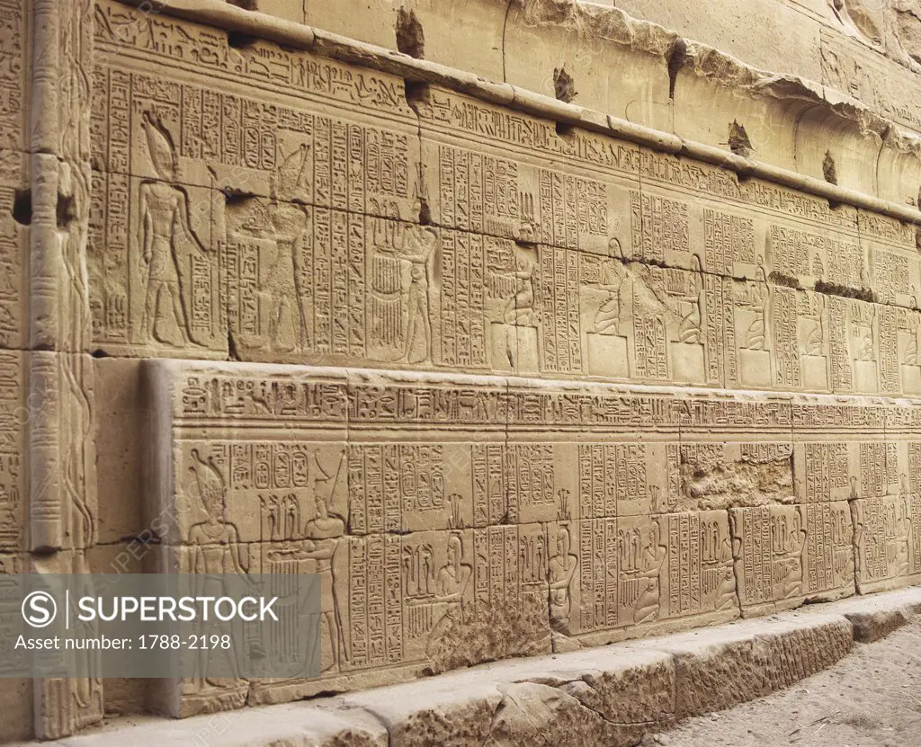 Egypt - Ancient Thebes (UNESCO World Heritage List, 1979). Karnak. Temple of Opet. Terrace. Reliefs of cortege of gods. Ptolemy VIII Euergetes II, 146-117 BC