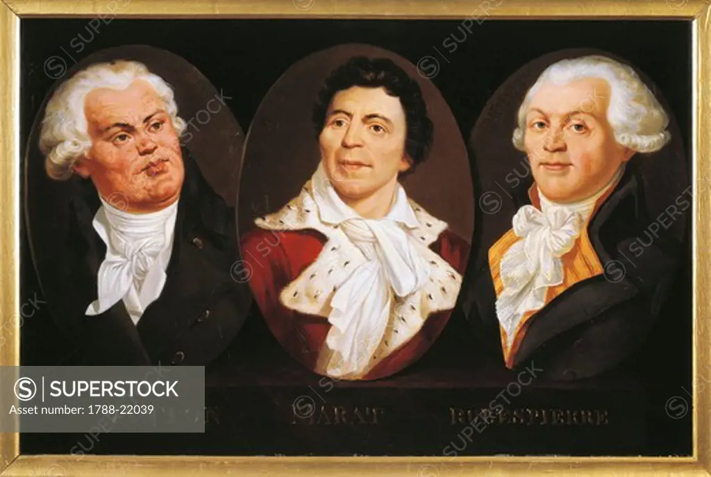 France, Paris, Versailles, Portraits of Georges-Jacques Danton (1759 - 1794), Jean-Paul Marat (1743 - 1793) and Maximilien de Robespierre (1758 - 1794)