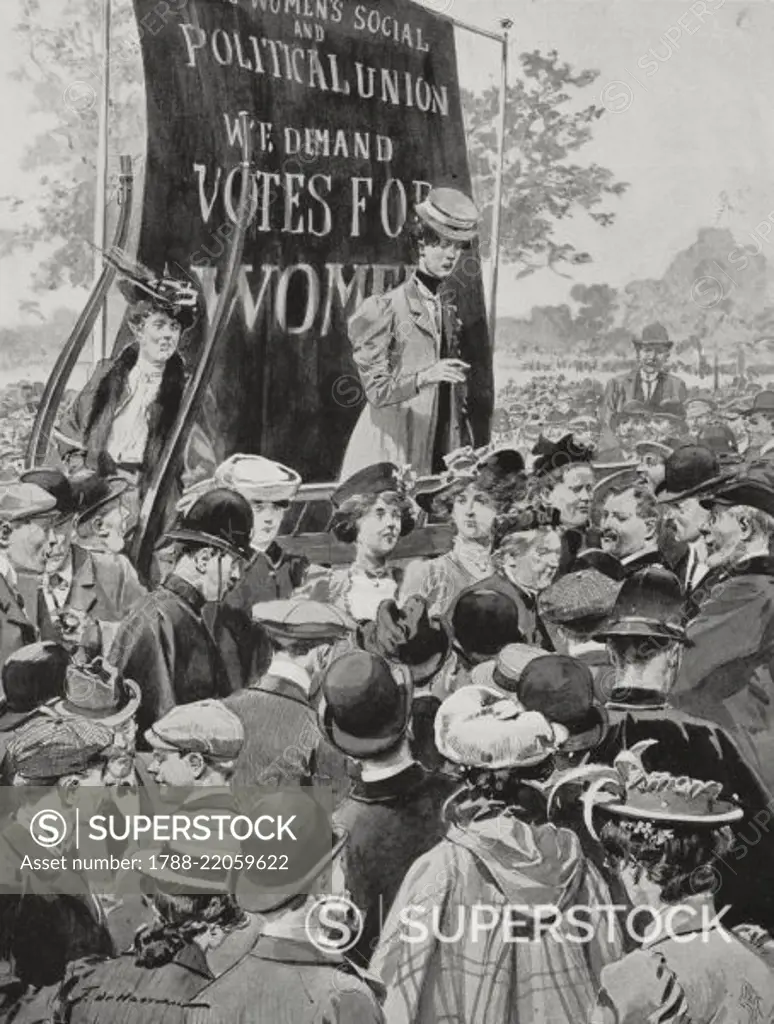 Suffragette demonstration in Hyde Park, London, England, drawing by F de Haenen from L'Illustration, No 3324, November 10, 1906.