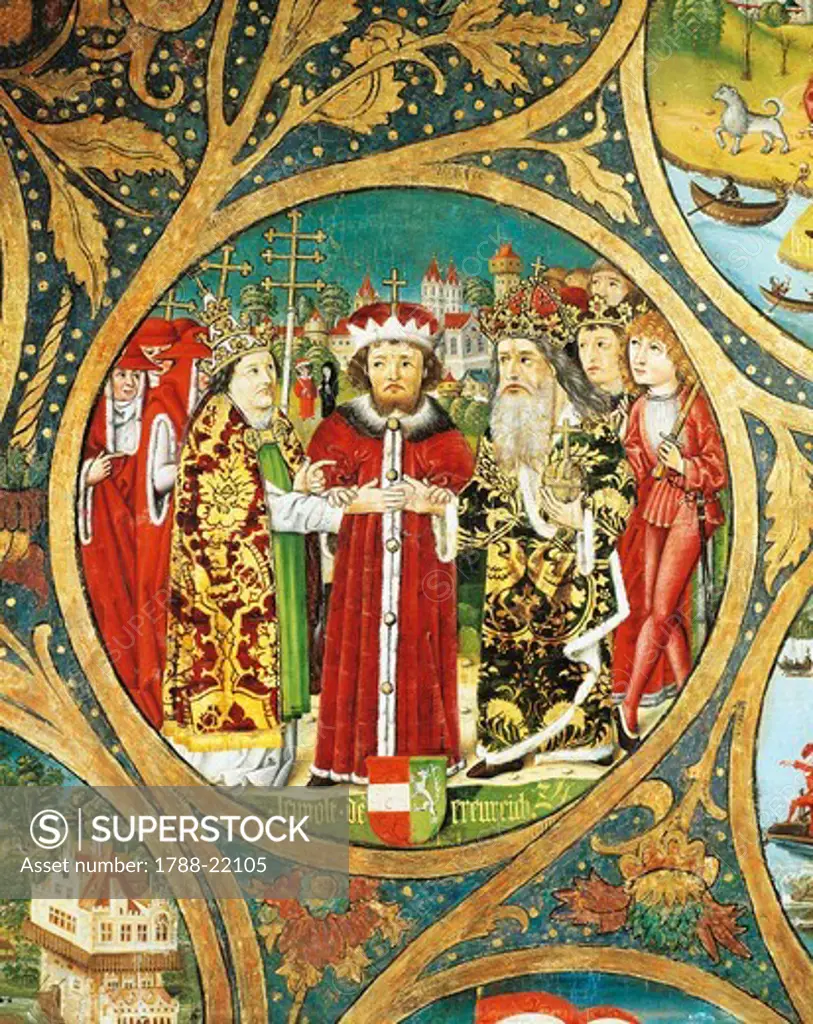 Austria, Klosterneuburg, Leopold VI the Glorious (1176-1230) reconciling Pope Gregory IX (circa 1170-1241) and Emperor Frederick II (1194-1250) at Treaty of San Germano (1230)
