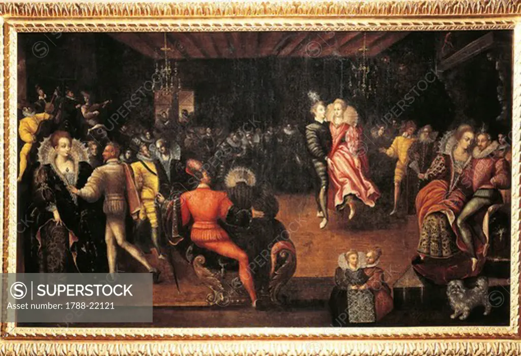 Couple dancing La Volta at ball at court of Henri III (1551-1589)