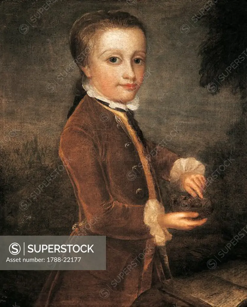 Austria, Portrait of Austrian composer Wolfgang Amadeus Mozart (1756 - 1791), with nightingale nest, 1764-65
