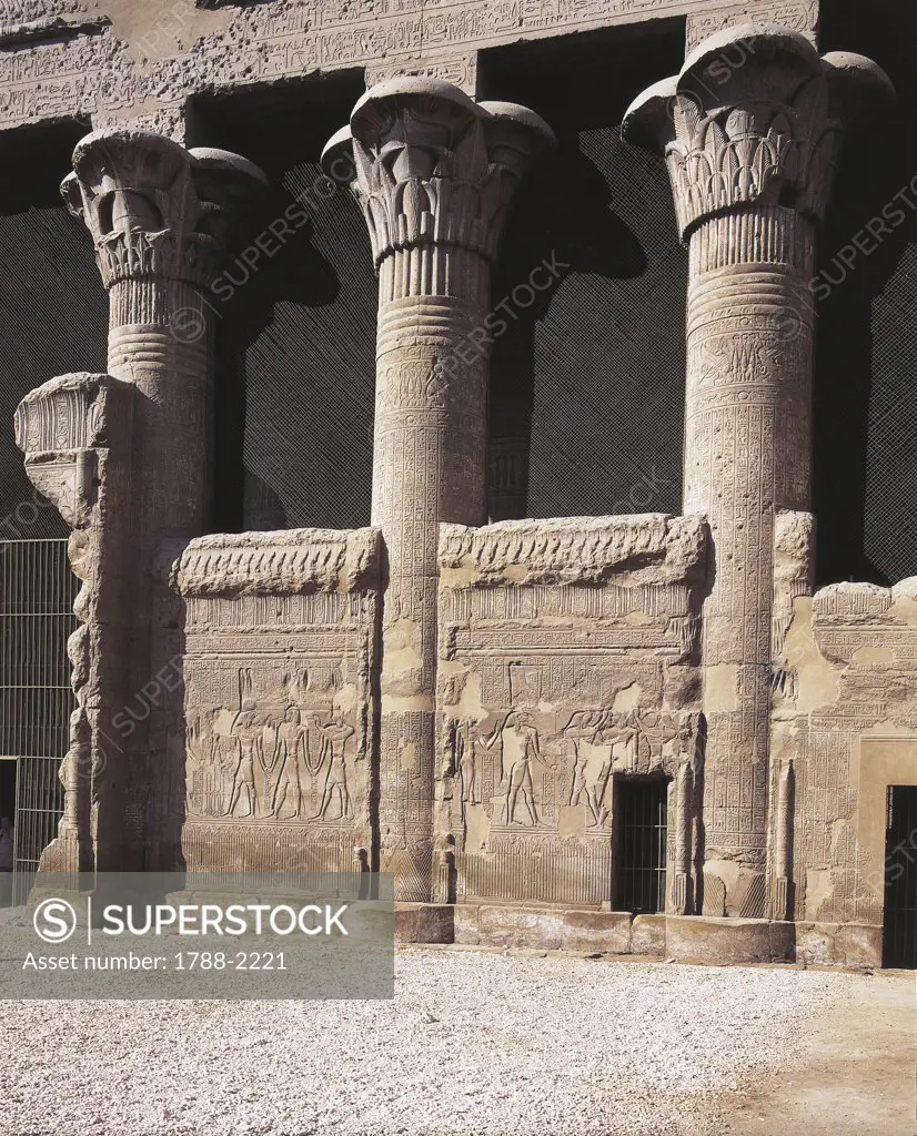 Egypt - Esna (Isna). Temple of Khnum. Greco-Roman Period, 160 BC-AD 250. Right of front building. Detail of architecture