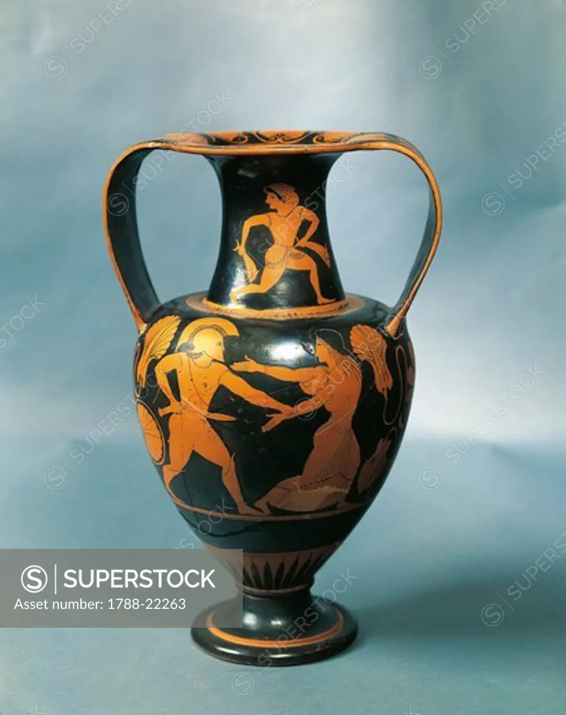 Amphora depicting Menelaus and Helen and a Nereid on the neck by Pamphaios, potter (circa 520-490 B.C.) and Nikosthenes, painter (circa 545-510 B.C.)