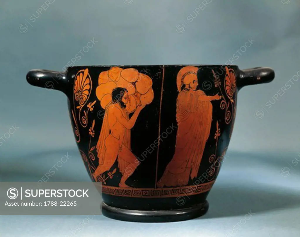 Red figure wine-cup (skyphos) depicting a giant building, the Acropolis walls under Athena's guidance, attributed to the Penelope Painter (circa 450-425 B.C.)