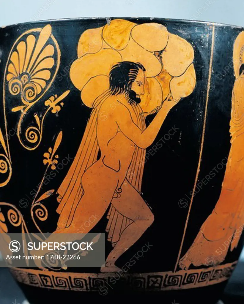 Detail on Red figure wine-cup (skyphos) depicting a giant building, the Acropolis walls under Athena's guidance, attributed to the Penelope Painter (circa 450-425 B.C.)
