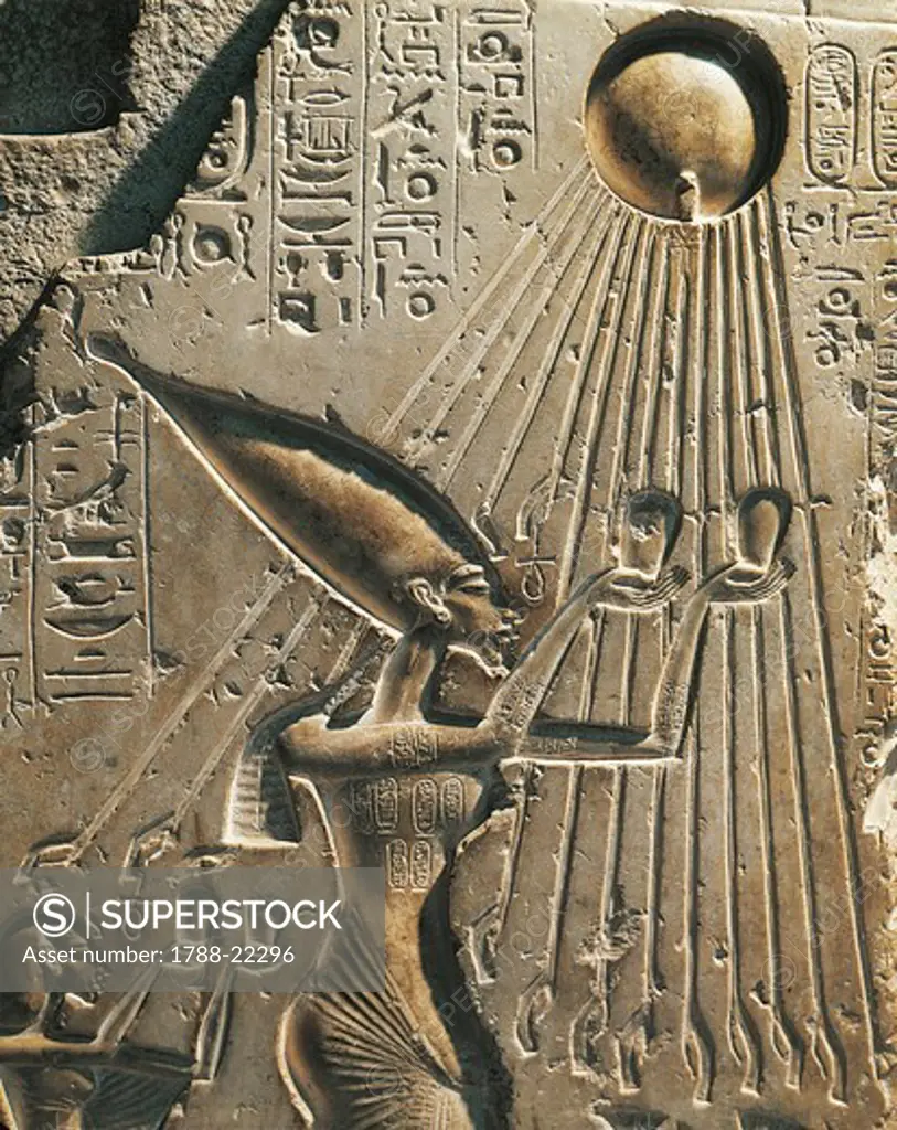 Egypt, Tell el-Amarna, Bas-relief depicting Amenhotep IV (Pharaoh Akhenaten, circa1360- 1342) while worshiping the solar disc, eighteenth dynasty, New Kingdom, limestone