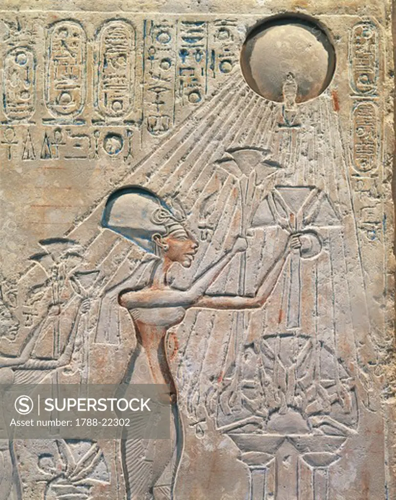 Egypt, Tell el-Amarna, Bas-relief depicting Amenhotep IV (Pharaoh Akhenaten, circa 1360-1342) worshiping the solar disc, eighteenth dynasty, New Kingdom