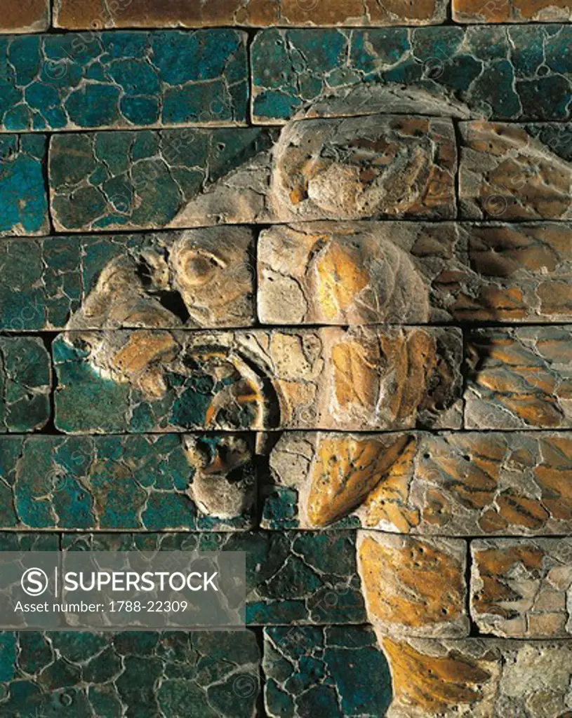 Detail of the lion head decorating the processional way of the Ishtar Gate in Babylon, glazed bricks