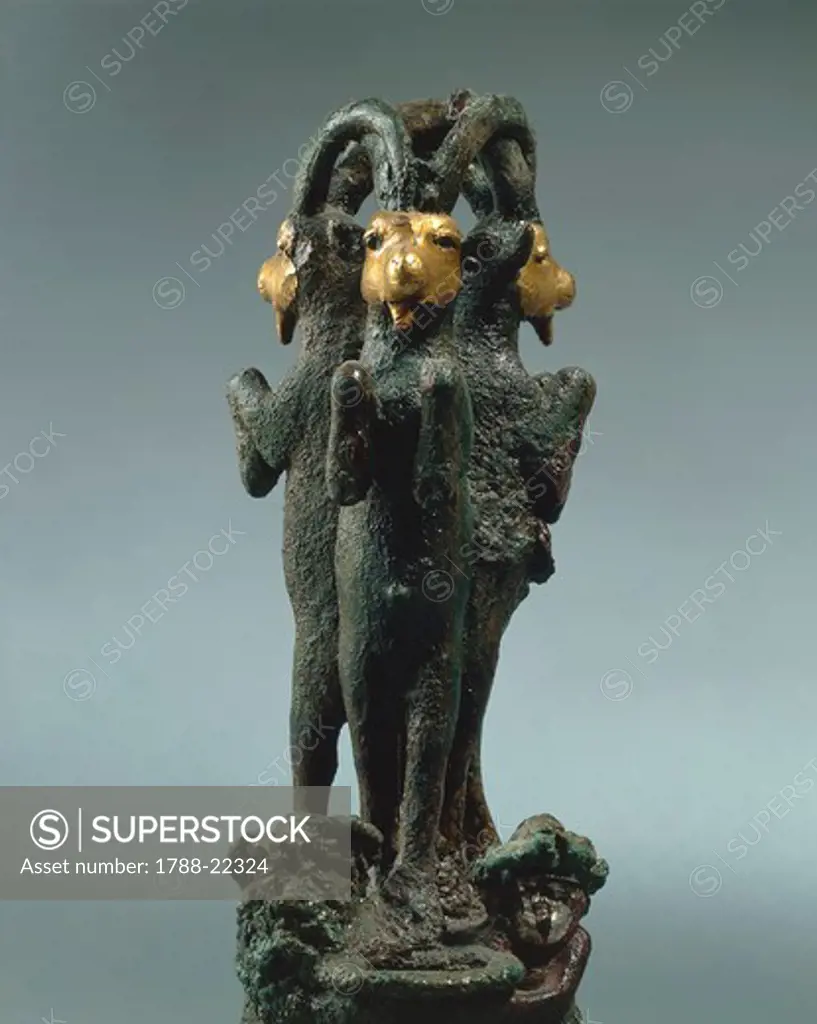 Stand for offerings depicting three goats, from Larsa, bronze and gold