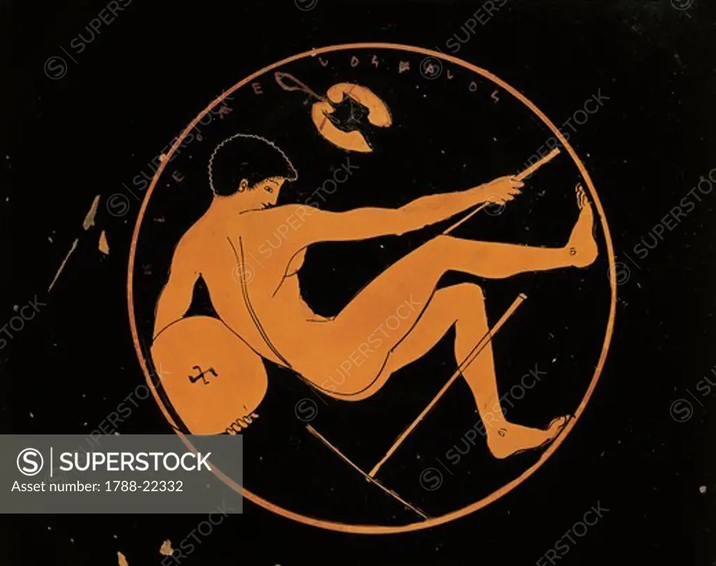 Detail of red-figure cup depicting a discus thrower painted by Kleomelos Painter