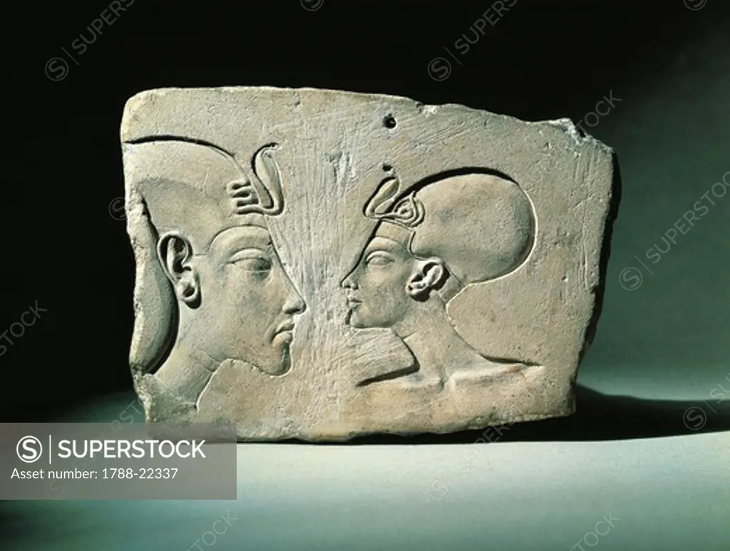 Egypt, Bas-relief portraying Amenhotep IV (Pharaoh Akhenaten, circa 1360-1342) and Nefertiti (circa 1370-1330 BC) in profile, eighteenth dynasty, limestone
