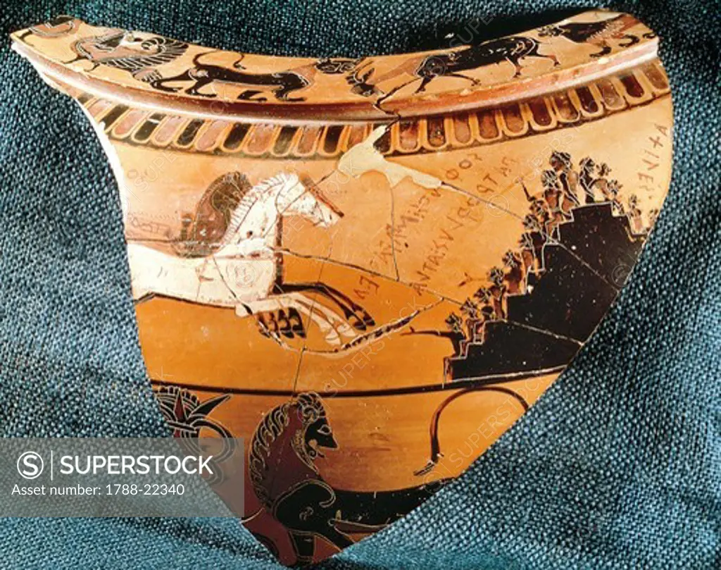 Greece, Athens, Fragment of attic black-figure pottery depicting scenes of sport support, circa. 570 B.C
