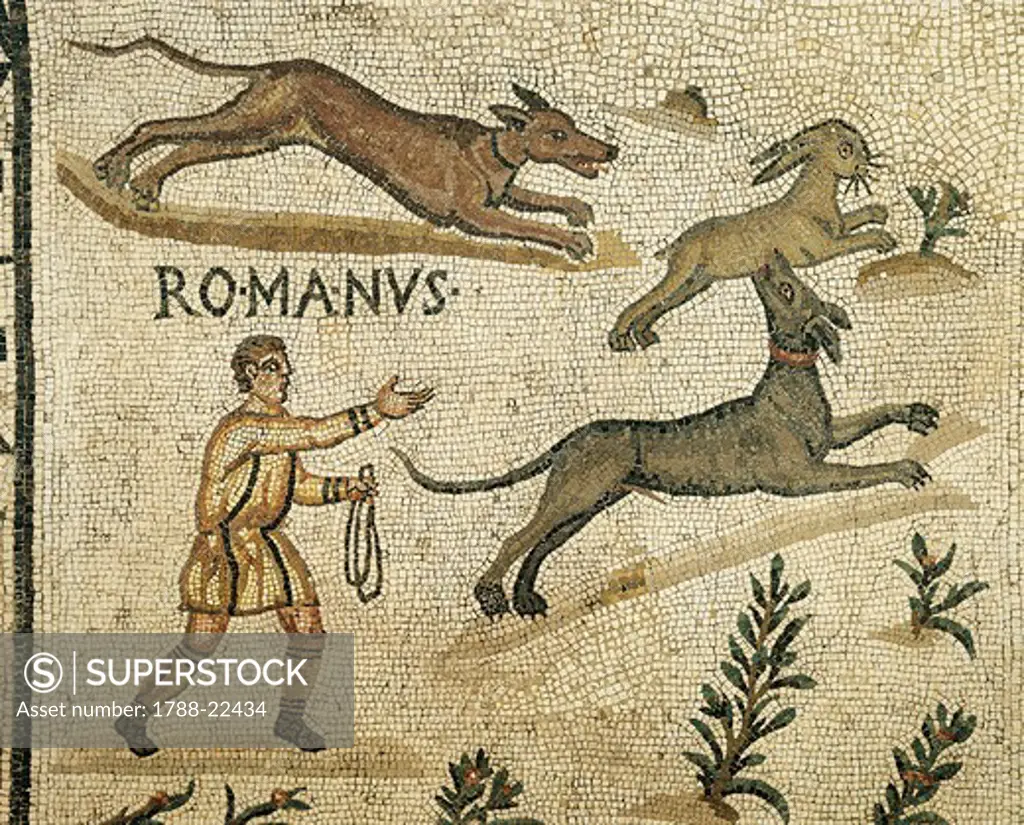 Italy, Veneto, Oderzo, Detail of Mosaic floor depicting hare hunting scenes from the Gasparinetti collection