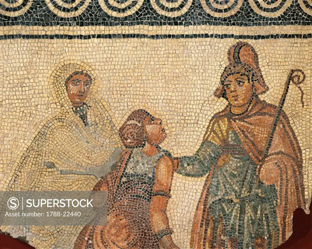 Italy, Valpolicella, Mosaic work depicting an initiation scene from the Roman Villa of Negrar
