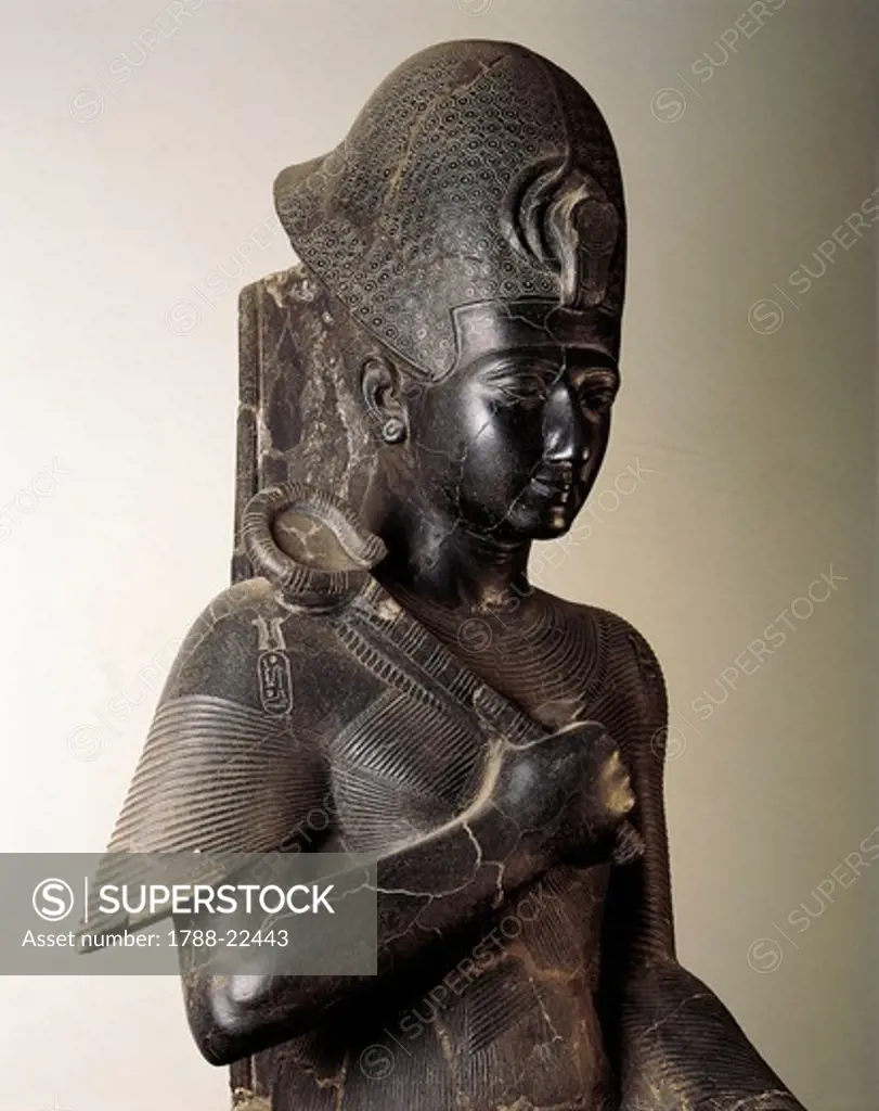 Egypt, Detail of statue representing Pharaoh Ramesses III (circa 1186-1155 B.C.), twentieth dynasty, New Kingdom