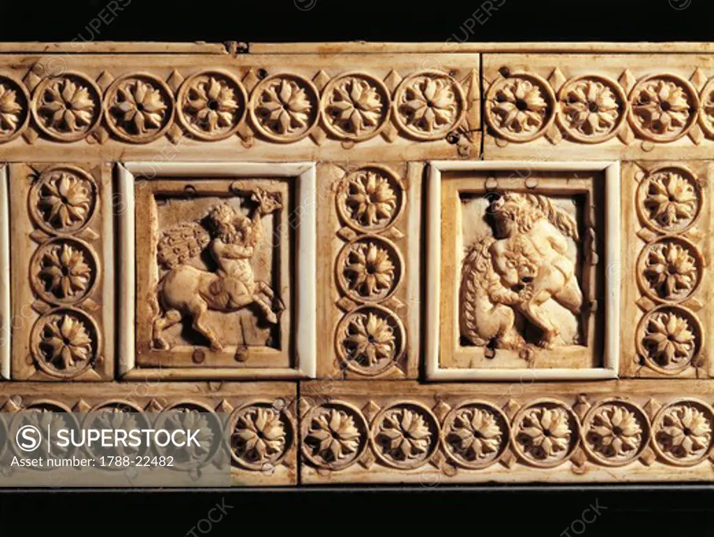 Box depicting mythological scenes and games scenes, ivory