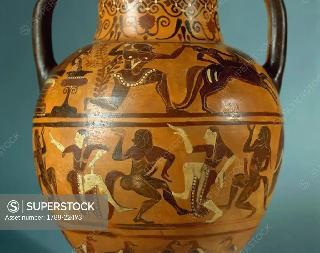 Detail of black-figure amphora depicting the Silenoi and the Maenads dancing, painted by Sileno Painter, circa 540 B.C., baked clay