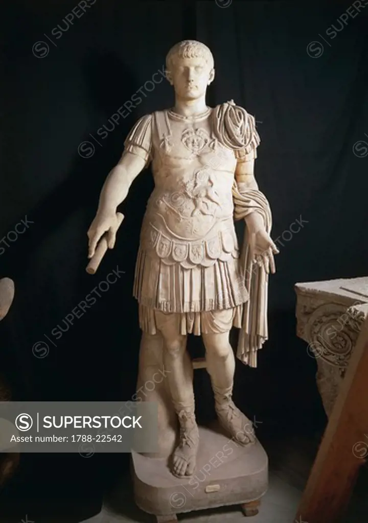 Statue representing the Emperor Caligula (Gaius Caesar Germanicus, 12 - 41 A.D.), Julio-Claudian Dynasty, marble, imperial age