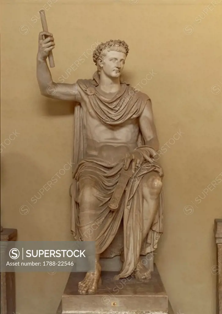 Statue representing the Emperor Tiberius (Tiberius Claudius Drusus, 42 B.C.- 37 A.D. Emperor from 14 to 37 A.D.), Julio-Claudian Dynasty, imperial age, marble