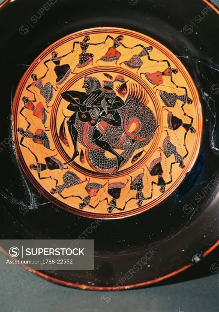 Detail of Attic pottery depicting Hercules, Triton and Maenads dancing, 550/530 B.C.