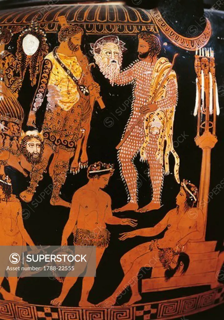 Italy, Apulia, Ruvo di Puglia, Detail of Krater (vase used to mix wine and water) depicting a satyrs drama, painted by Promonos Painter