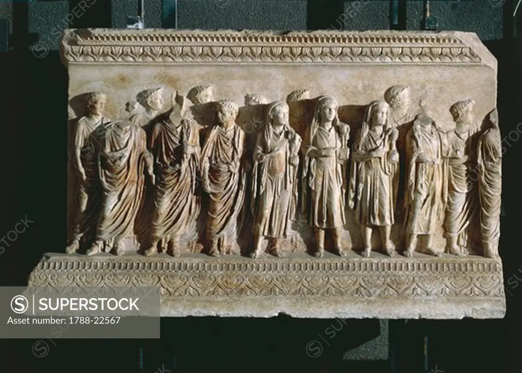 Italy, Rome, Relief representing men taking the Lares (deities protecting the house), Vicomagistri frieze
