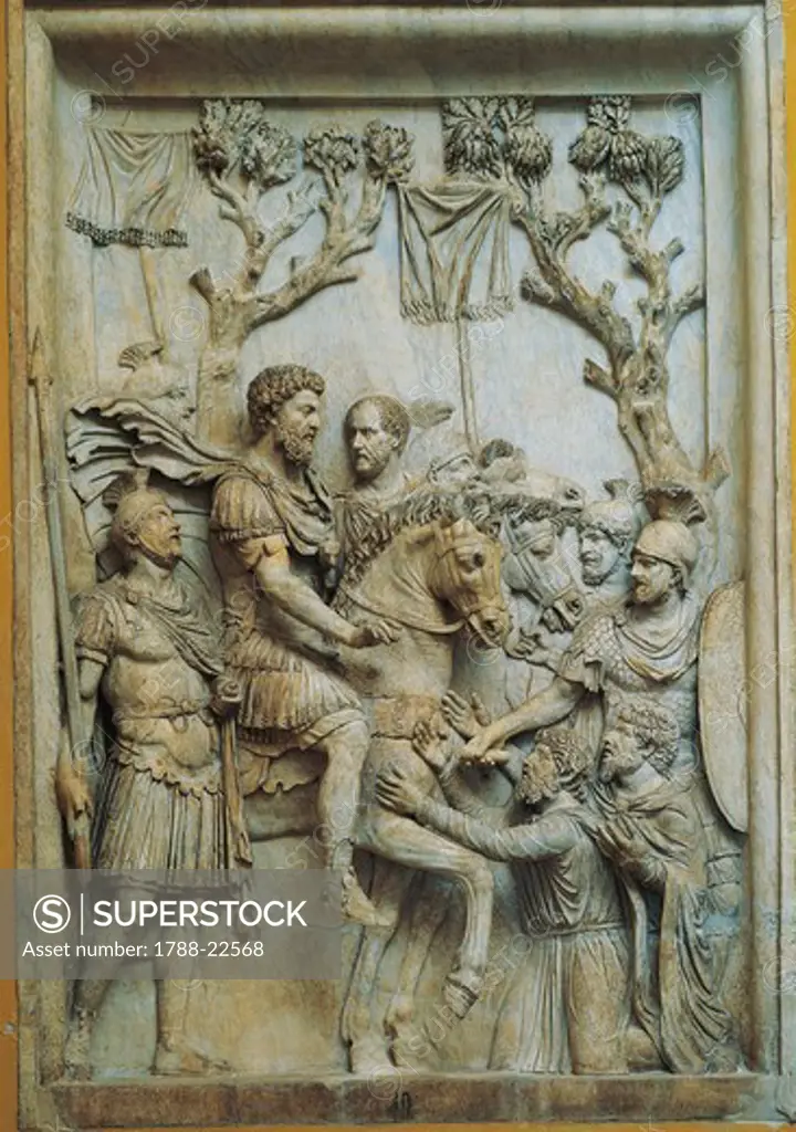 Five Good Emperors, Relief representing the Emperor Marcus Aurelius (Marcus Annius Verus, 121 - 180 A.D.) pardons the defeated enemies, imperial age
