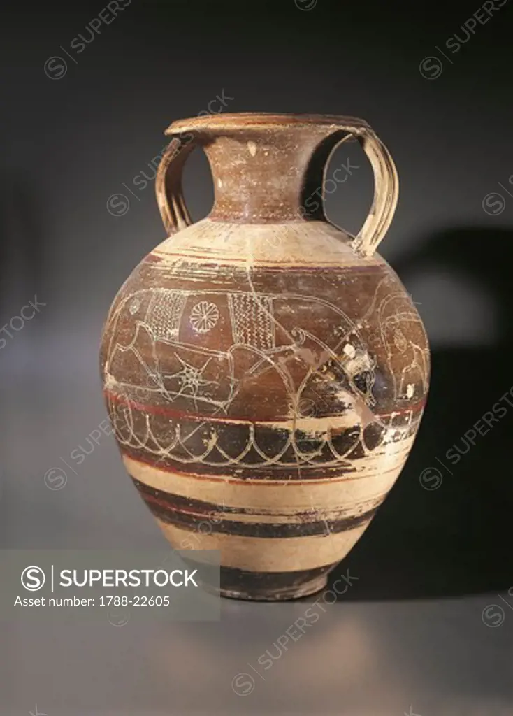 Italy, Lazio, Tarquinia, Etruscan-Corinthian polychrome amphora depicting horse grazing, painted by the Painter of the Cappi (Pittore dei Cappi), 630/600 B.C.