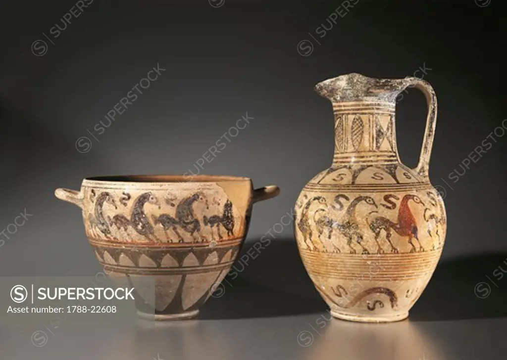 Italy, Lazio, Tarquinia, Oenochoe (or oinochoe) and kotyle (vases for liquids) with geometric figures, 700/675 B.C.