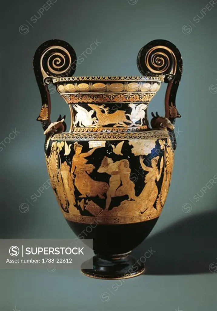 Italy, Lazio, Civita Castellana, Red-figure volute krater (vase used to mix wine and water) depicting Peleus kidnapping Thetis, painted by Aurora Painter, 360/340 B.C.