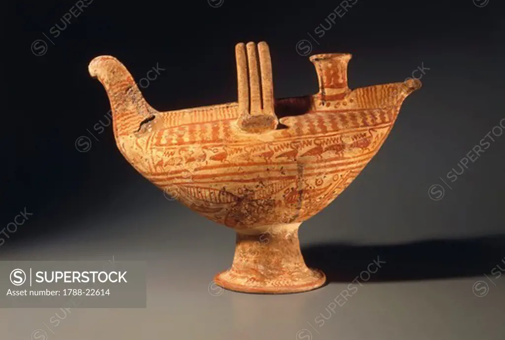 Italy, Lazio, Bisenzio, Askos (little vase for liquids) in the shape of a bird with geometric figures