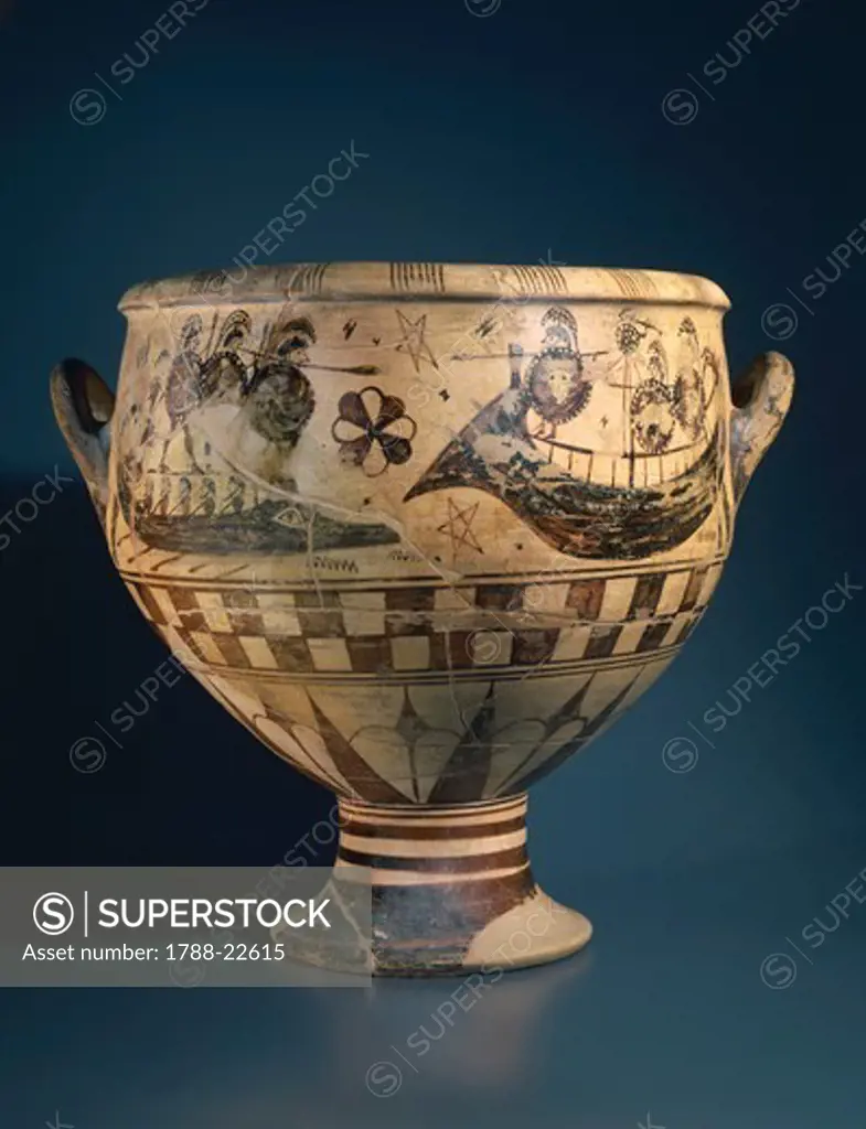Italy, Lazio, Cerveteri, Oriental style krater (vase used to mix wine and water) depicting a ship battle known as the Krater of Aristonothos, circa 650 B.C.