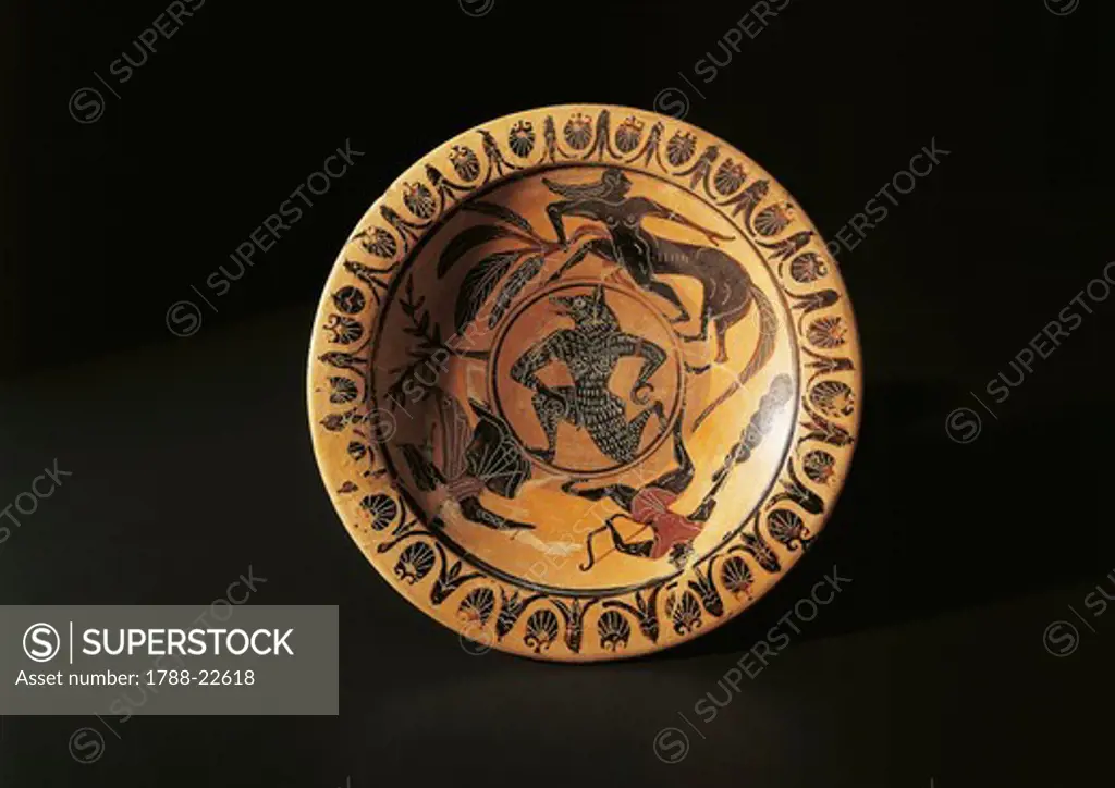 Italy, Lazio, Canino, Black-figure plate painted by the Painter of Tityos from the Grave no.177 in Vulci, circa 520 B.C.