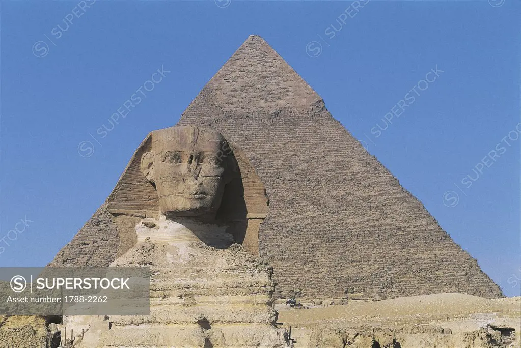 Egypt - Cairo - Ancient Memphis (UNESCO World Heritage List, 1979). Great Sphinx and pyramid of Chefren (greek: Khafre) at Giza