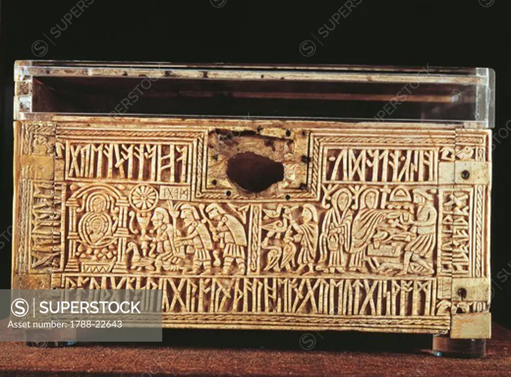 Whale bone case representing the Adoration of the Magi and the mithology figure Wayland in his forge
